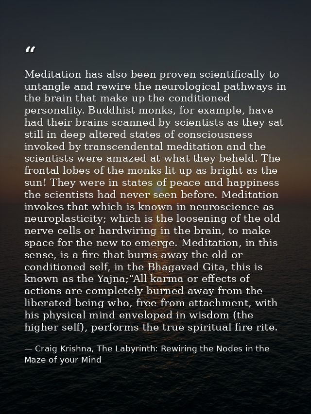 Meditation has also been proven scientifically to untangle and rewire the neurological pathways in the brain that make u — Craig Krishna, The Labyrinth: Rewiring the Nodes in the Maze of your Mind