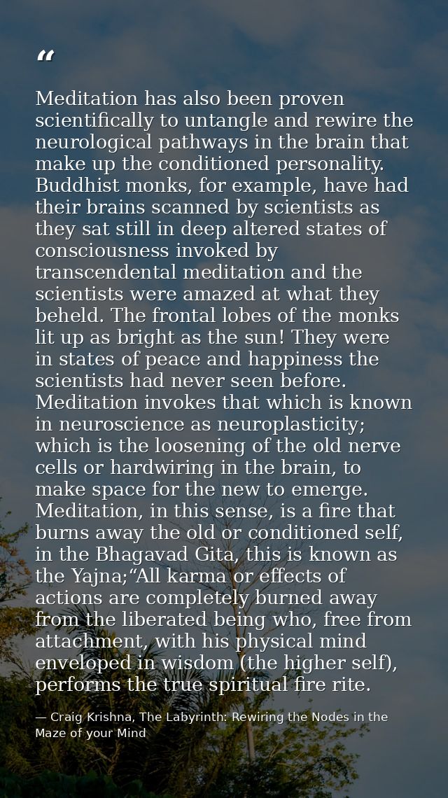 Meditation has also been proven scientifically to untangle and rewire the neurological pathways in the brain that make u — Craig Krishna, The Labyrinth: Rewiring the Nodes in the Maze of your Mind