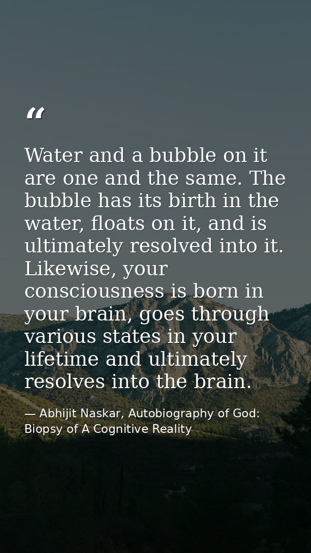 Water and a bubble on it are one and the same. The bubble has its birth in the water, floats on it, and is ultimately re — Abhijit Naskar, Autobiography of God: Biopsy of A Cognitive Reality