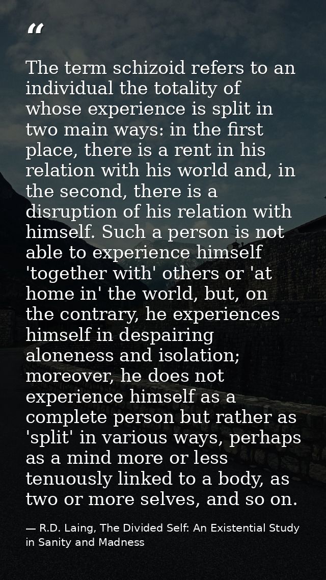 The term schizoid refers to an individual the totality of whose experience is split in two main ways: in the first place — R.D. Laing, The Divided Self: An Existential Study in Sanity and Madness
