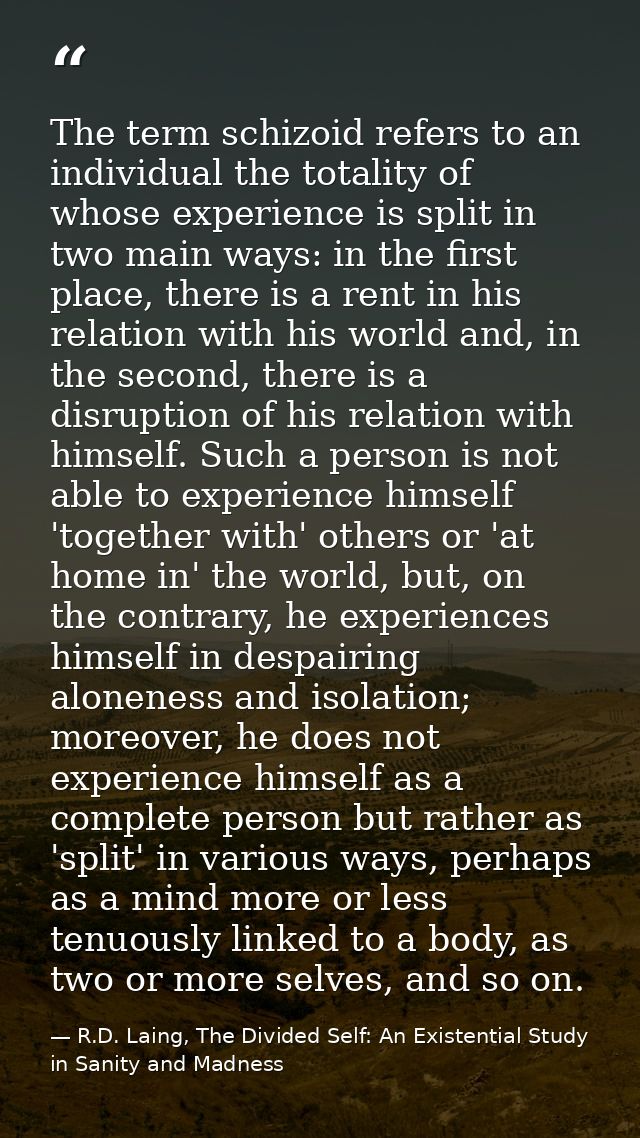 The term schizoid refers to an individual the totality of whose experience is split in two main ways: in the first place — R.D. Laing, The Divided Self: An Existential Study in Sanity and Madness