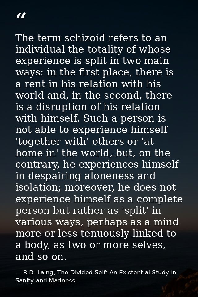The term schizoid refers to an individual the totality of whose experience is split in two main ways: in the first place — R.D. Laing, The Divided Self: An Existential Study in Sanity and Madness