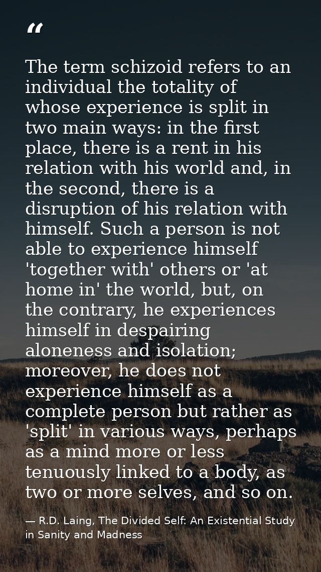 The term schizoid refers to an individual the totality of whose experience is split in two main ways: in the first place — R.D. Laing, The Divided Self: An Existential Study in Sanity and Madness