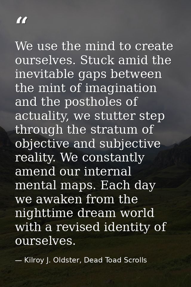 We use the mind to create ourselves. Stuck amid the inevitable gaps between the mint of imagination and the postholes of — Kilroy J. Oldster, Dead Toad Scrolls