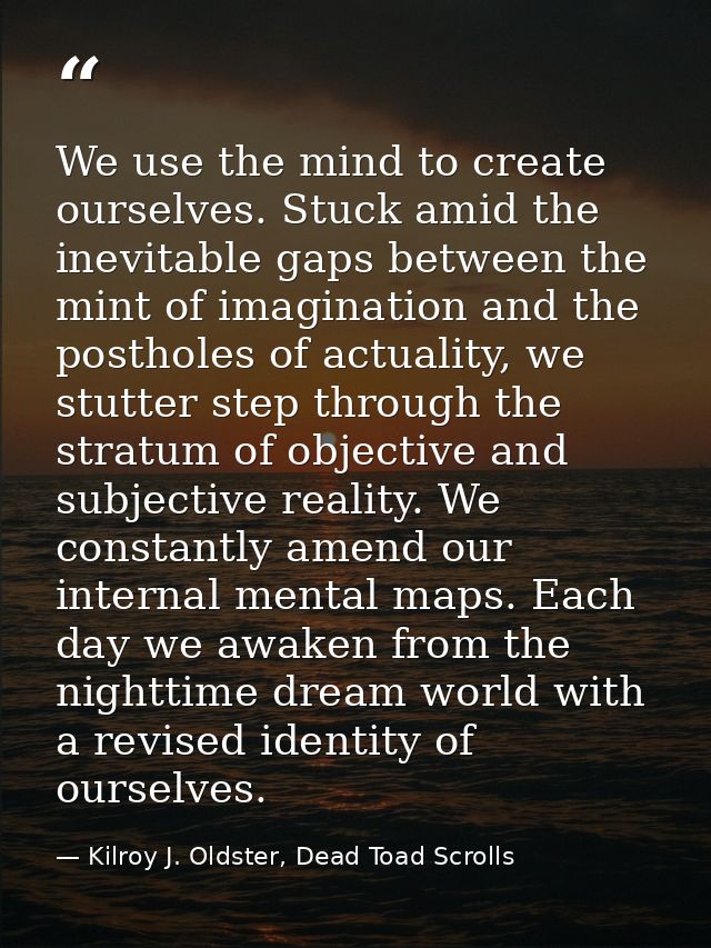We use the mind to create ourselves. Stuck amid the inevitable gaps between the mint of imagination and the postholes of — Kilroy J. Oldster, Dead Toad Scrolls
