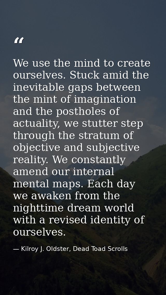 We use the mind to create ourselves. Stuck amid the inevitable gaps between the mint of imagination and the postholes of — Kilroy J. Oldster, Dead Toad Scrolls
