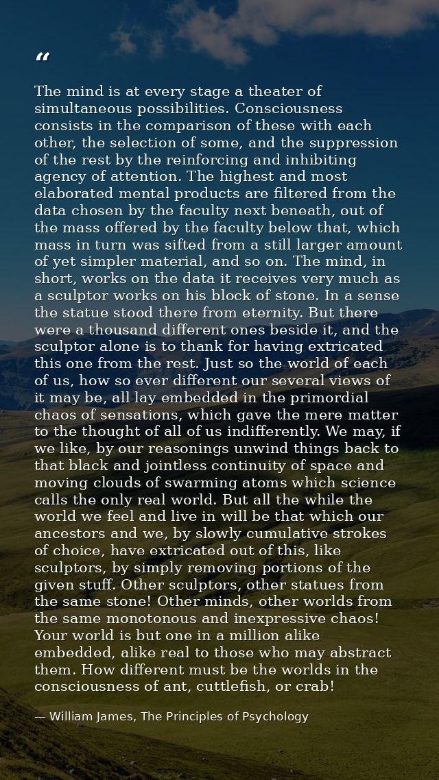 The mind is at every stage a theater of simultaneous possibilities. Consciousness consists in the comparison of these wi — William James, The Principles of Psychology