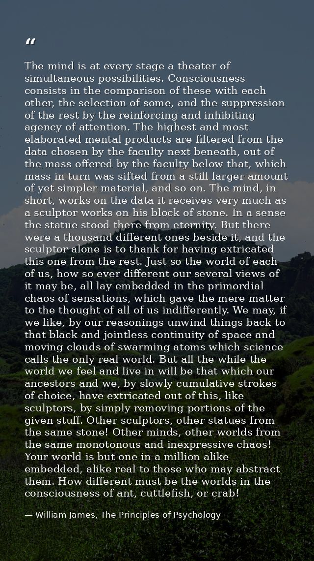 The mind is at every stage a theater of simultaneous possibilities. Consciousness consists in the comparison of these wi — William James, The Principles of Psychology