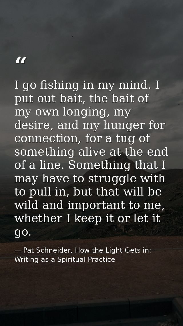 I go fishing in my mind. I put out bait, the bait of my own longing, my desire, and my hunger for connection, for a tug  — Pat Schneider, How the Light Gets in: Writing as a Spiritual Practice
