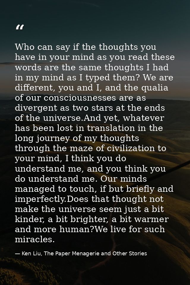 Who can say if the thoughts you have in your mind as you read these words are the same thoughts I had in my mind as I ty — Ken Liu, The Paper Menagerie and Other Stories