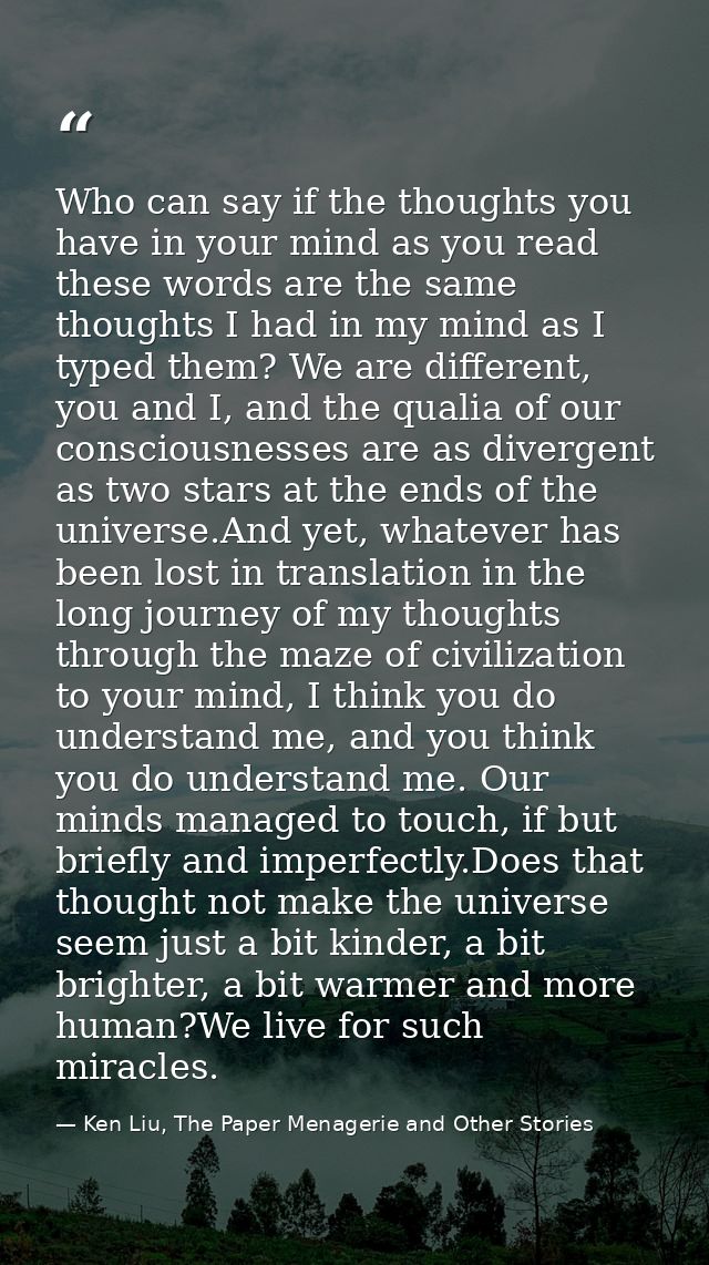 Who can say if the thoughts you have in your mind as you read these words are the same thoughts I had in my mind as I ty — Ken Liu, The Paper Menagerie and Other Stories