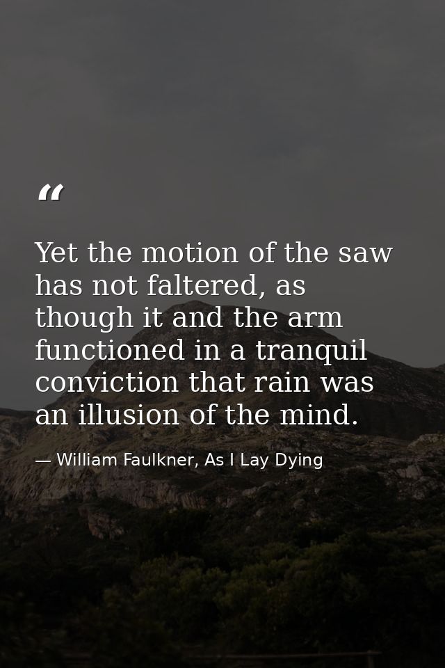 Yet the motion of the saw has not faltered, as though it and the arm functioned in a tranquil conviction that rain was a — William Faulkner, As I Lay Dying