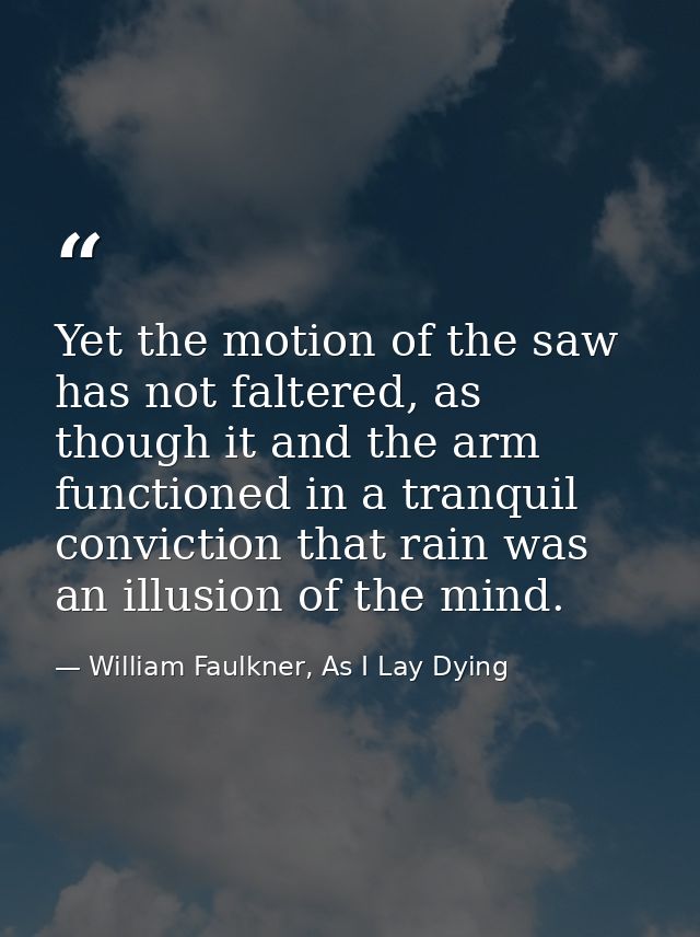 Yet the motion of the saw has not faltered, as though it and the arm functioned in a tranquil conviction that rain was a — William Faulkner, As I Lay Dying