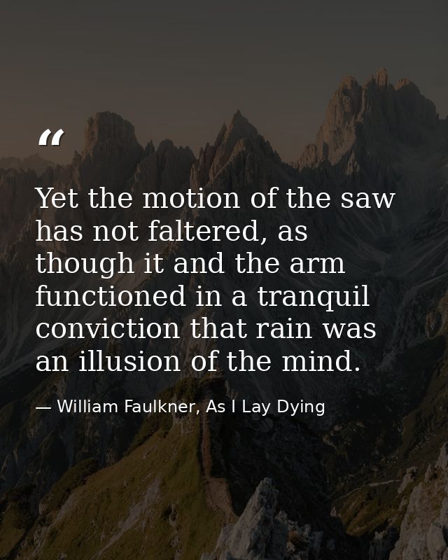 Yet the motion of the saw has not faltered, as though it and the arm functioned in a tranquil conviction that rain was a — William Faulkner, As I Lay Dying