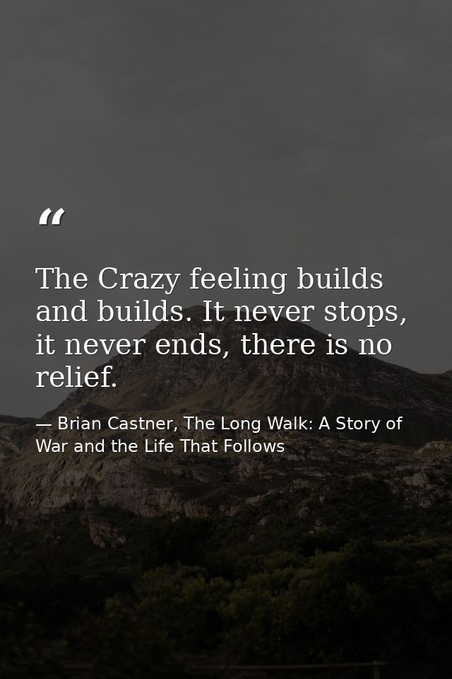 The Crazy feeling builds and builds. It never stops, it never ends, there is no relief. — Brian Castner, The Long Walk: A Story of War and the Life That Follows