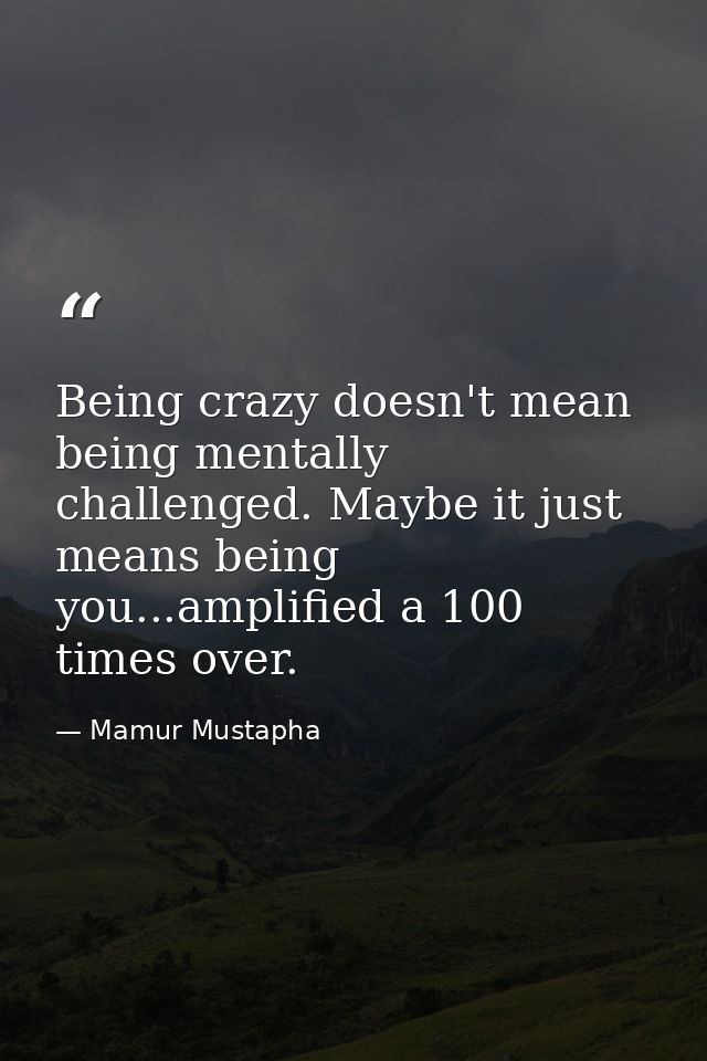 Being crazy doesn't mean being mentally challenged. Maybe it just means being you...amplified a 100 times over. — Mamur Mustapha