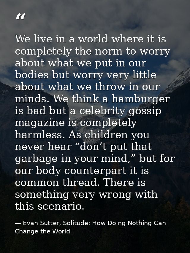 We live in a world where it is completely the norm to worry about what we put in our bodies but worry very little about  — Evan Sutter, Solitude: How Doing Nothing Can Change the World