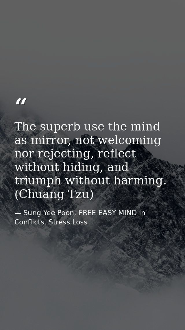 The superb use the mind as mirror, not welcoming nor rejecting, reflect without hiding, and triumph without harming. (Ch — Sung Yee Poon, FREE EASY MIND in Conflicts. Stress.Loss