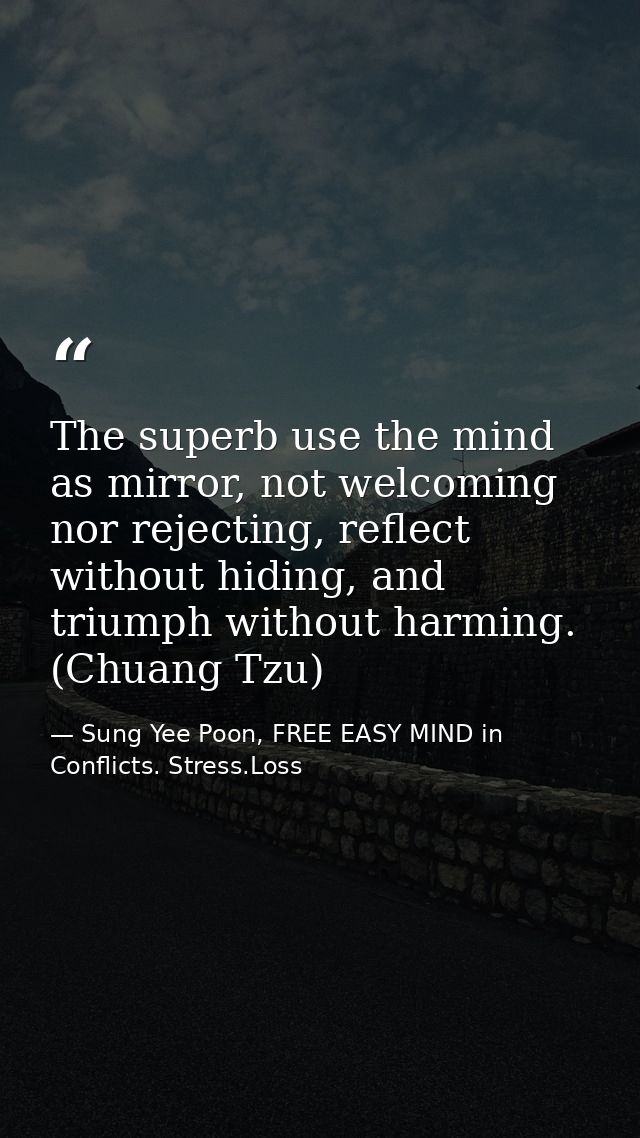 The superb use the mind as mirror, not welcoming nor rejecting, reflect without hiding, and triumph without harming. (Ch — Sung Yee Poon, FREE EASY MIND in Conflicts. Stress.Loss