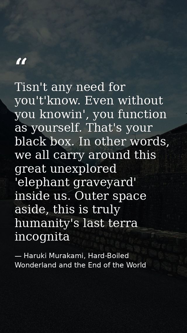 Tisn't any need for you't'know. Even without you knowin', you function as yourself. That's your black box. In other word — Haruki Murakami, Hard-Boiled Wonderland and the End of the World