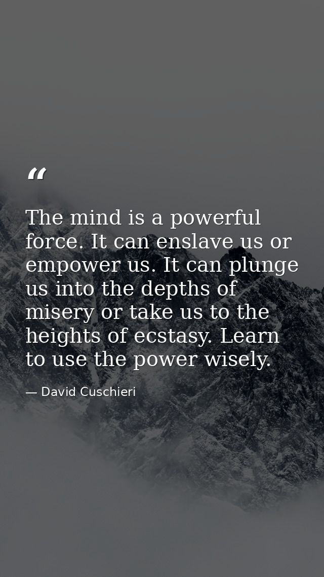 The mind is a powerful force. It can enslave us or empower us. It can plunge us into the depths of misery or take us to  — David Cuschieri