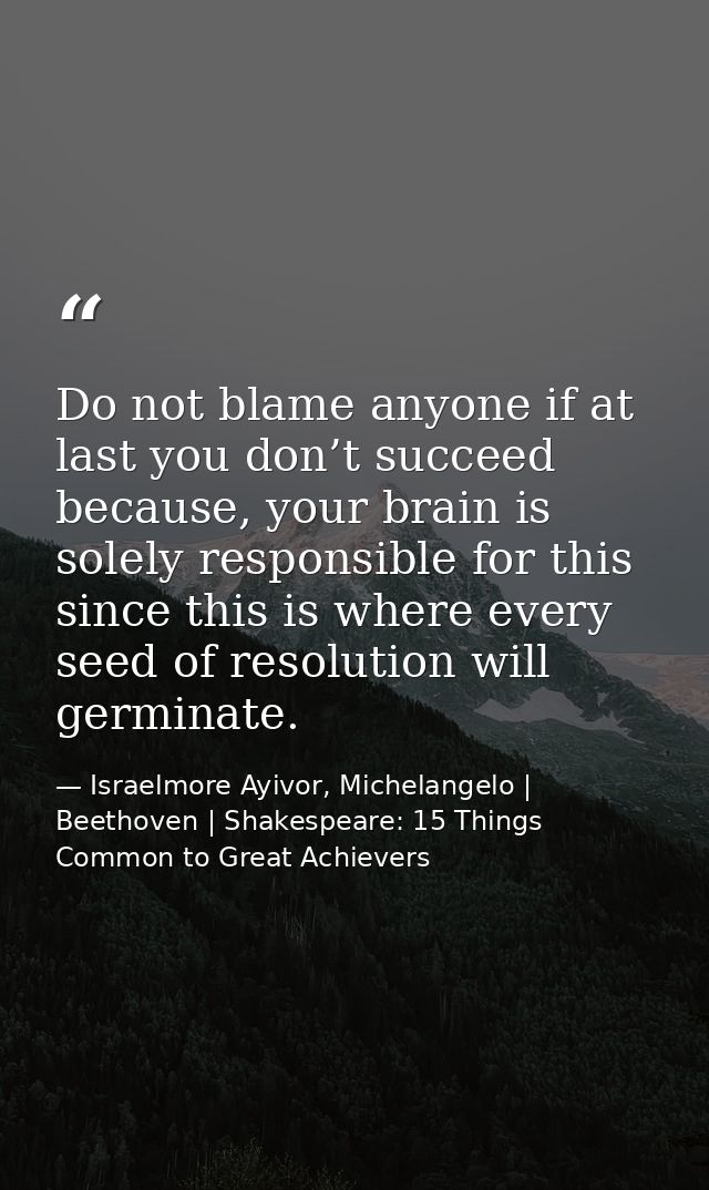 Do not blame anyone if at last you don’t succeed because, your brain is solely responsible for this since this is where  — Israelmore Ayivor, Michelangelo | Beethoven | Shakespeare: 15 Things Common to Great Achievers