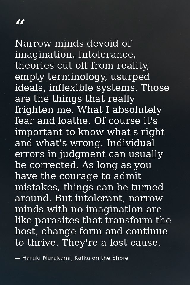 Narrow minds devoid of imagination. Intolerance, theories cut off from reality, empty terminology, usurped ideals, infle — Haruki Murakami, Kafka on the Shore