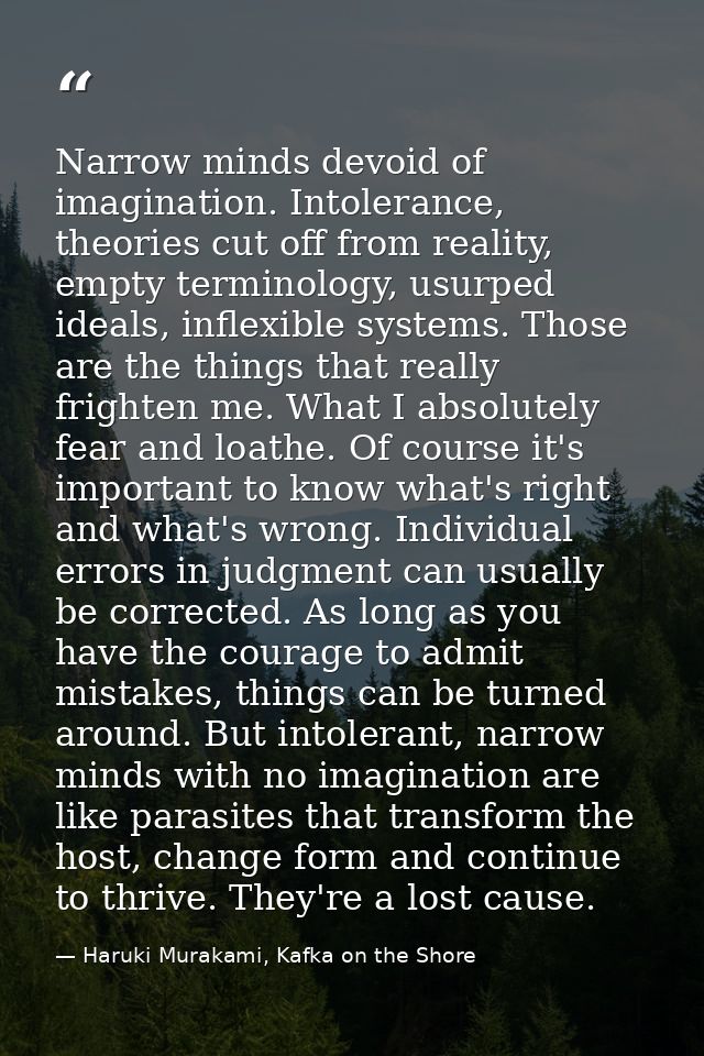 Narrow minds devoid of imagination. Intolerance, theories cut off from reality, empty terminology, usurped ideals, infle — Haruki Murakami, Kafka on the Shore