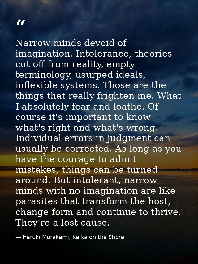 Narrow minds devoid of imagination. Intolerance, theories cut off from reality, empty terminology, usurped ideals, infle — Haruki Murakami, Kafka on the Shore