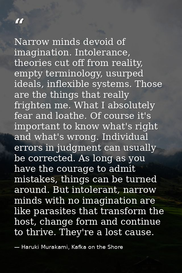 Narrow minds devoid of imagination. Intolerance, theories cut off from reality, empty terminology, usurped ideals, infle — Haruki Murakami, Kafka on the Shore