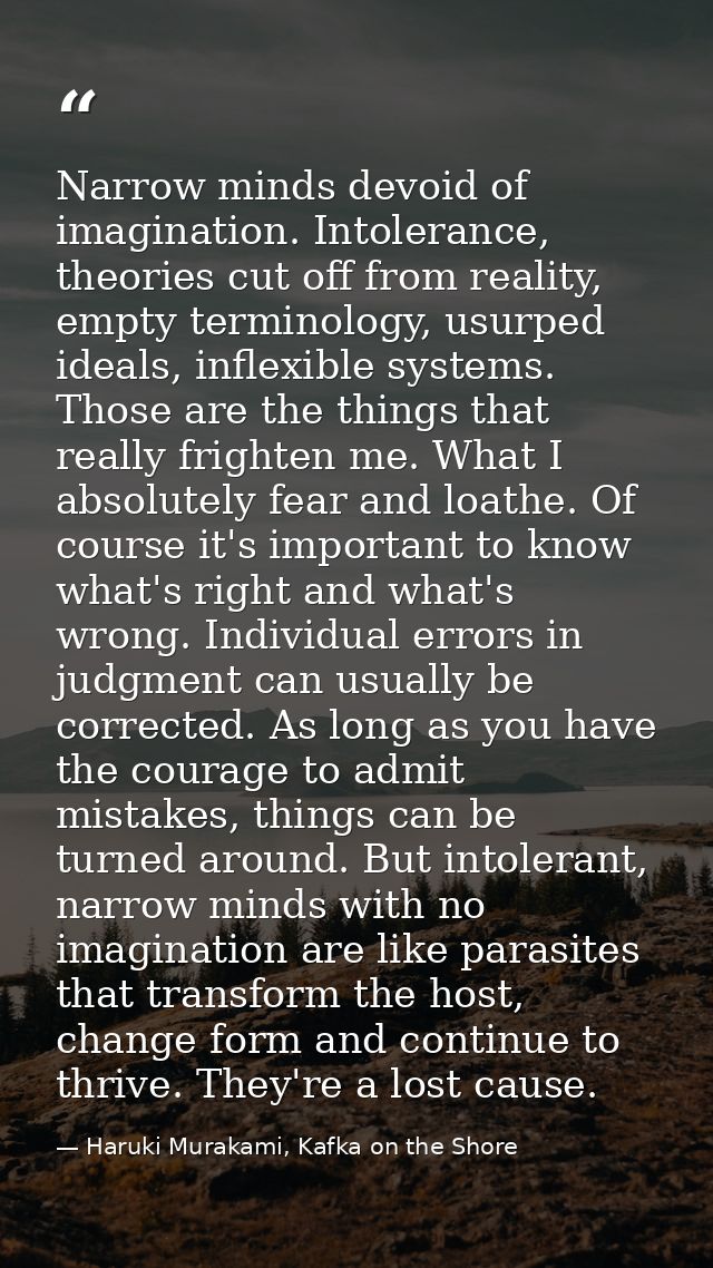 Narrow minds devoid of imagination. Intolerance, theories cut off from reality, empty terminology, usurped ideals, infle — Haruki Murakami, Kafka on the Shore