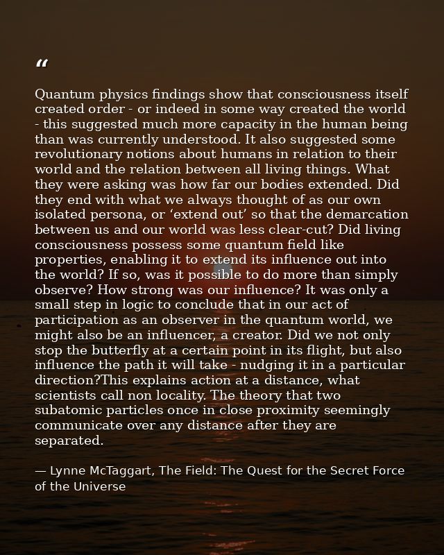 Quantum physics findings show that consciousness itself created order - or indeed in some way created the world - this s — Lynne McTaggart, The Field: The Quest for the Secret Force of the Universe