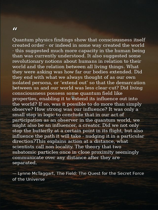 Quantum physics findings show that consciousness itself created order - or indeed in some way created the world - this s — Lynne McTaggart, The Field: The Quest for the Secret Force of the Universe