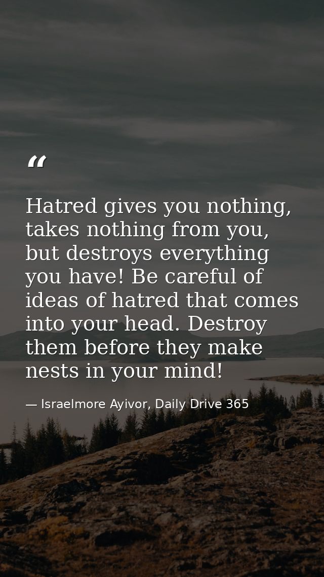 Hatred gives you nothing, takes nothing from you, but destroys everything you have! Be careful of ideas of hatred that c — Israelmore Ayivor, Daily Drive 365