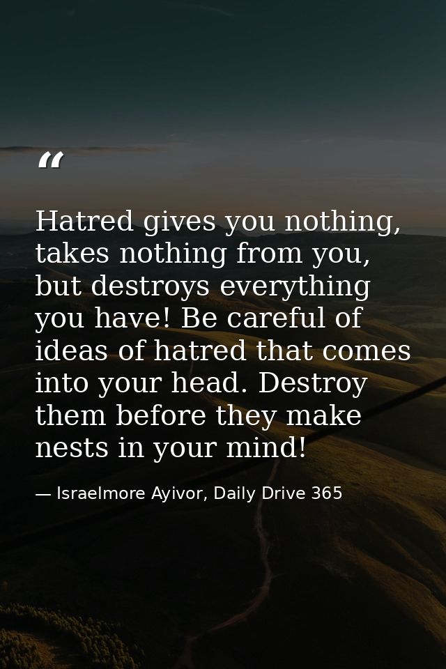 Hatred gives you nothing, takes nothing from you, but destroys everything you have! Be careful of ideas of hatred that c — Israelmore Ayivor, Daily Drive 365