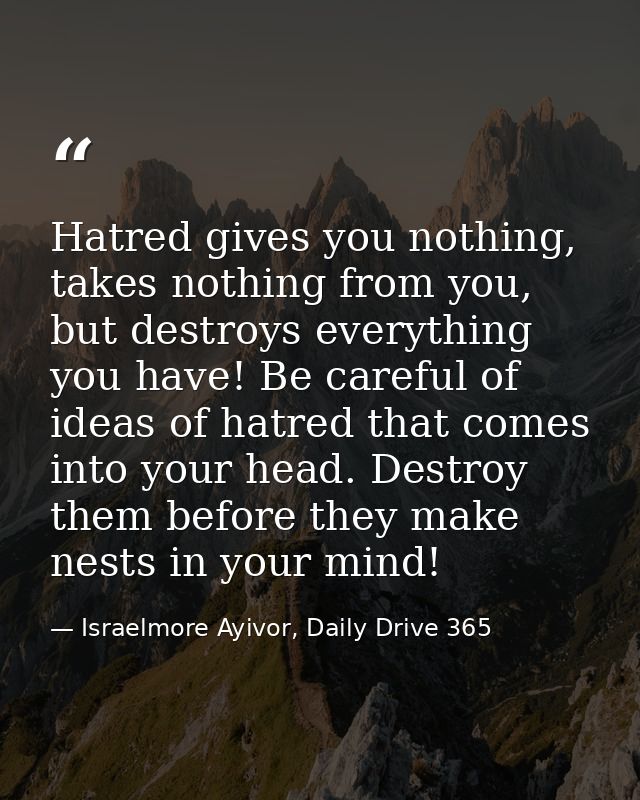 Hatred gives you nothing, takes nothing from you, but destroys everything you have! Be careful of ideas of hatred that c — Israelmore Ayivor, Daily Drive 365