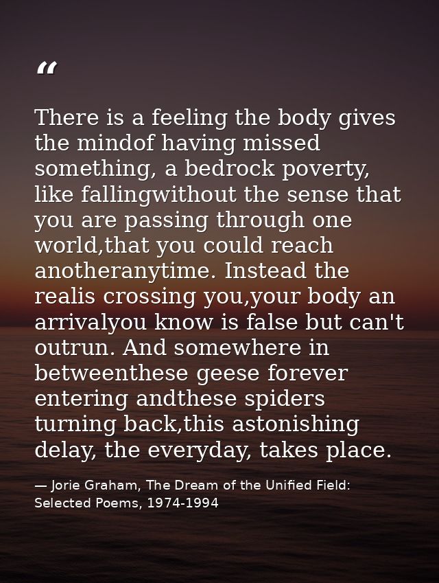 There is a feeling the body gives the mindof having missed something, a bedrock poverty, like fallingwithout the sense t — Jorie Graham, The Dream of the Unified Field: Selected Poems, 1974-1994