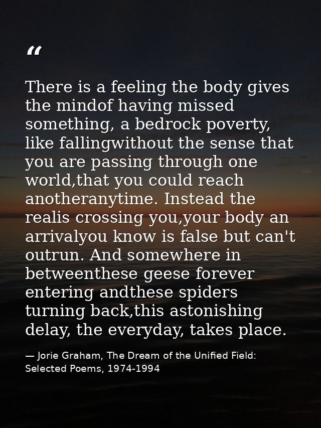 There is a feeling the body gives the mindof having missed something, a bedrock poverty, like fallingwithout the sense t — Jorie Graham, The Dream of the Unified Field: Selected Poems, 1974-1994