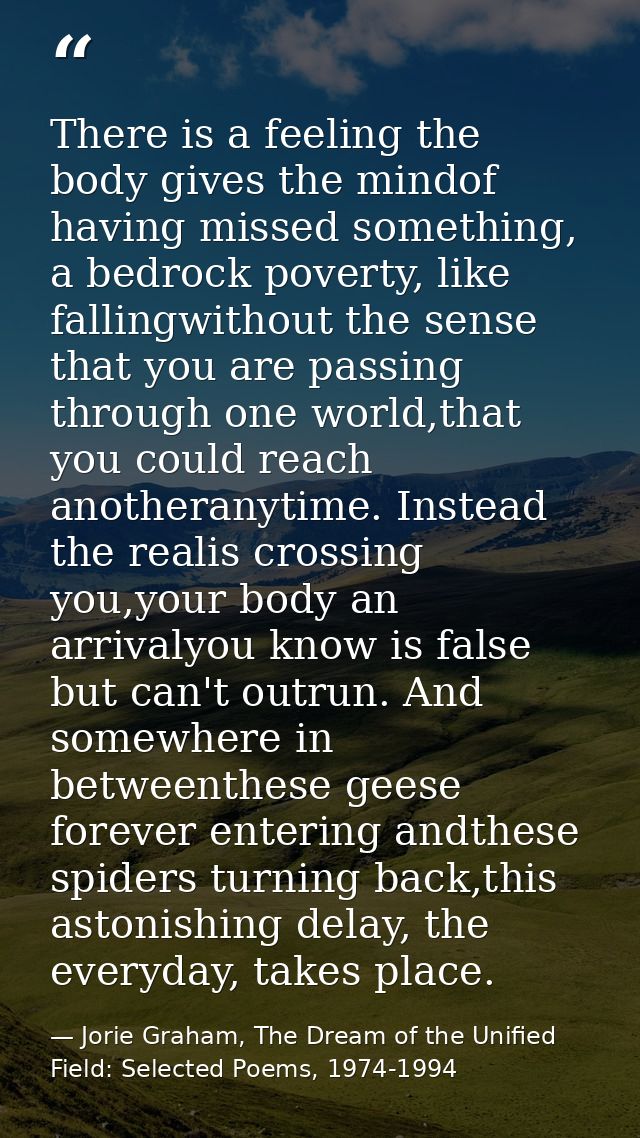 There is a feeling the body gives the mindof having missed something, a bedrock poverty, like fallingwithout the sense t — Jorie Graham, The Dream of the Unified Field: Selected Poems, 1974-1994