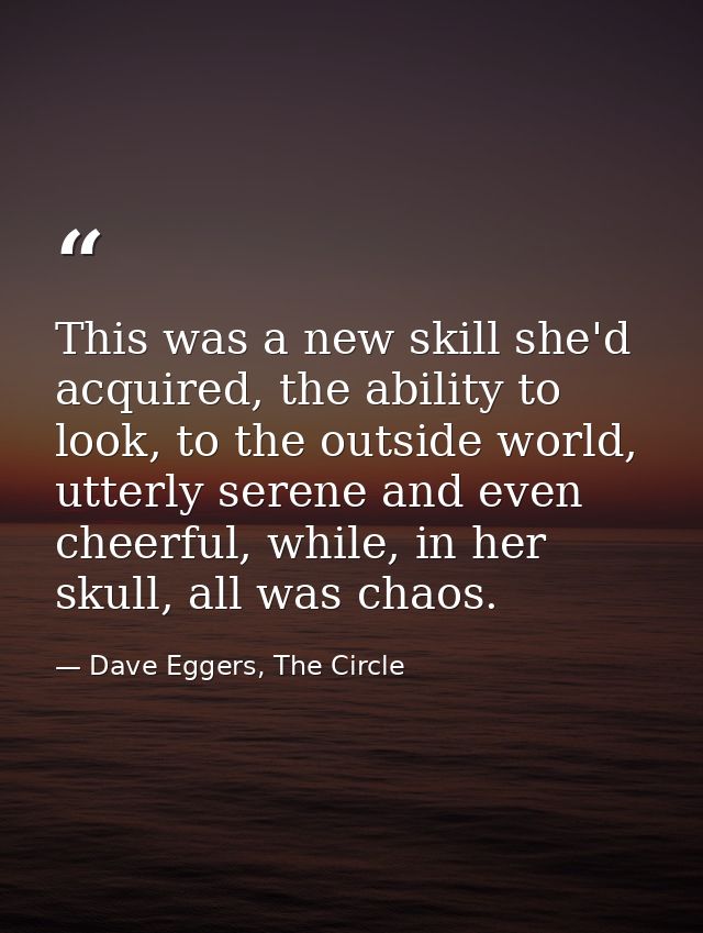This was a new skill she'd acquired, the ability to look, to the outside world, utterly serene and even cheerful, while, — Dave Eggers, The Circle