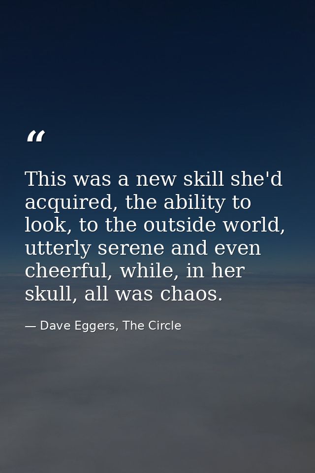 This was a new skill she'd acquired, the ability to look, to the outside world, utterly serene and even cheerful, while, — Dave Eggers, The Circle