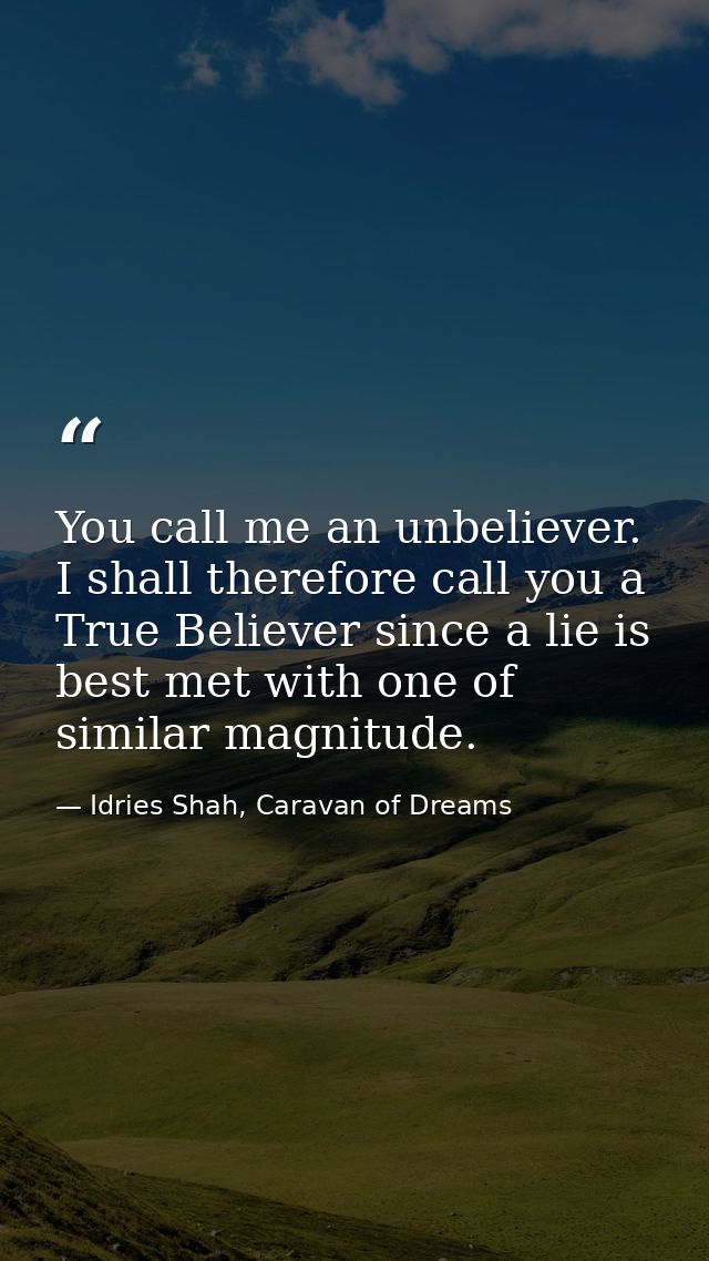 You call me an unbeliever. I shall therefore call you a True Believer since a lie is best met with one of similar magnit — Idries Shah, Caravan of Dreams