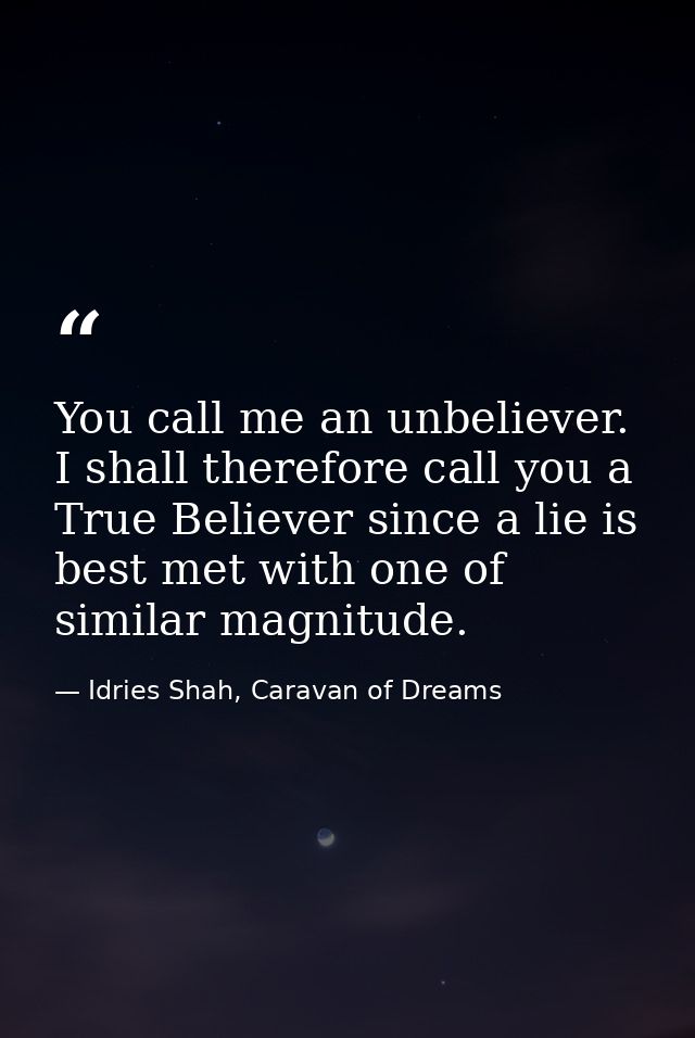 You call me an unbeliever. I shall therefore call you a True Believer since a lie is best met with one of similar magnit — Idries Shah, Caravan of Dreams