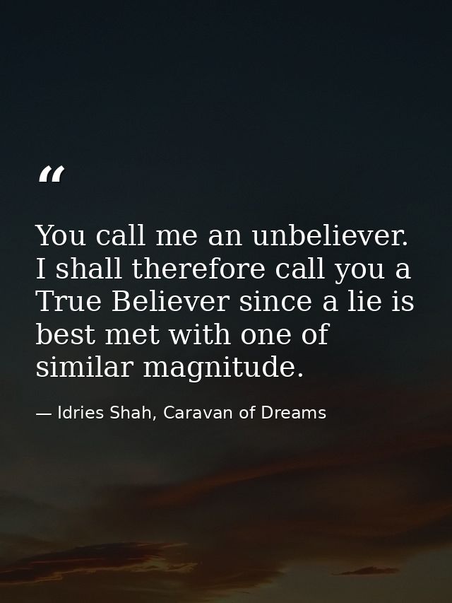 You call me an unbeliever. I shall therefore call you a True Believer since a lie is best met with one of similar magnit — Idries Shah, Caravan of Dreams