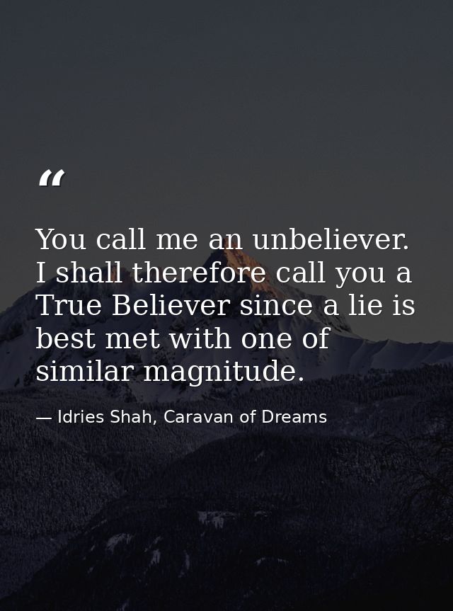You call me an unbeliever. I shall therefore call you a True Believer since a lie is best met with one of similar magnit — Idries Shah, Caravan of Dreams