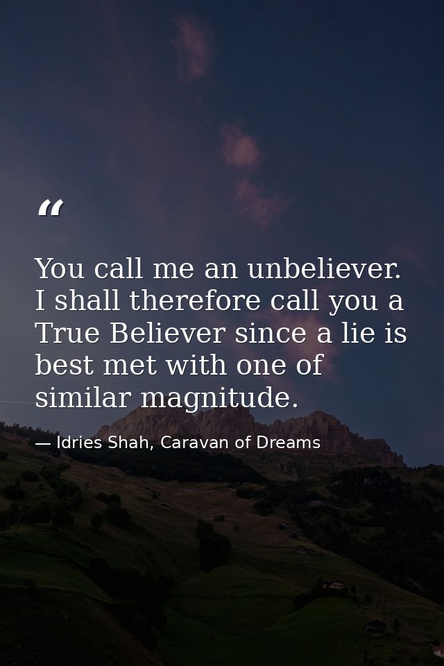 You call me an unbeliever. I shall therefore call you a True Believer since a lie is best met with one of similar magnit — Idries Shah, Caravan of Dreams