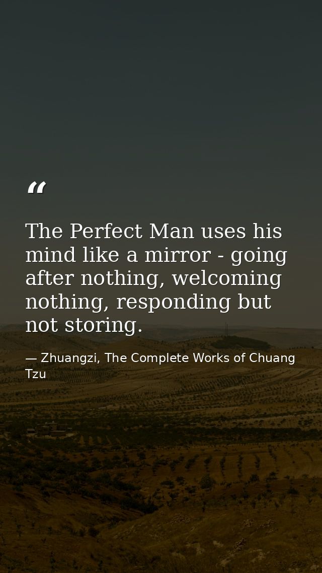The Perfect Man uses his mind like a mirror - going after nothing, welcoming nothing, responding but not storing. — Zhuangzi, The Complete Works of Chuang Tzu