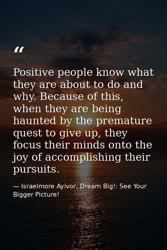 Positive people know what they are about to do and why. Because of this, when they are being haunted by the premature qu — Israelmore Ayivor, Dream Big!: See Your Bigger Picture!