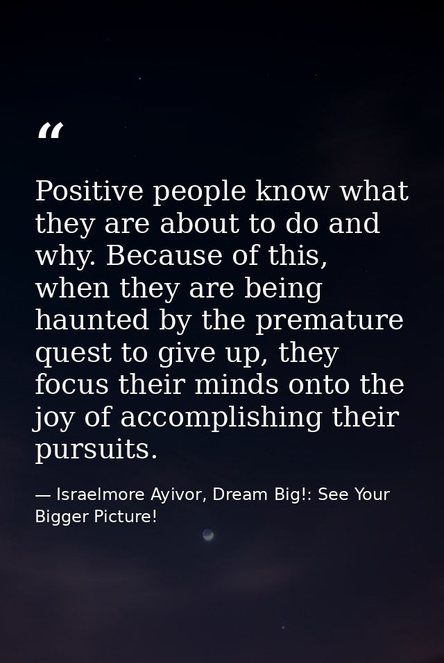 Positive people know what they are about to do and why. Because of this, when they are being haunted by the premature qu — Israelmore Ayivor, Dream Big!: See Your Bigger Picture!