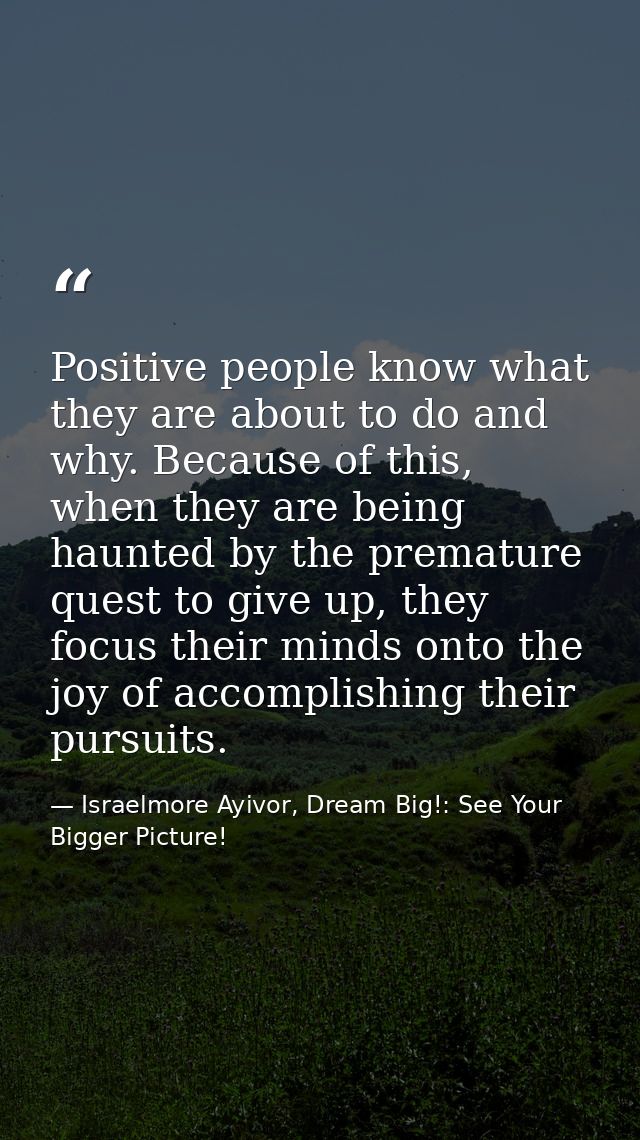 Positive people know what they are about to do and why. Because of this, when they are being haunted by the premature qu — Israelmore Ayivor, Dream Big!: See Your Bigger Picture!